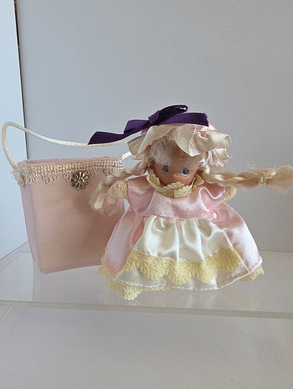 Vintage Miniature Porcelain Bisque Doll in Pink Lace Dress & Bonnet W/ Tote Bag